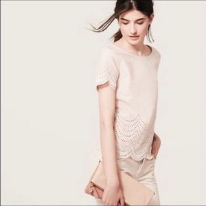 LOFT Petite Scallop Cotton Eyelet Tee Pink Size LP